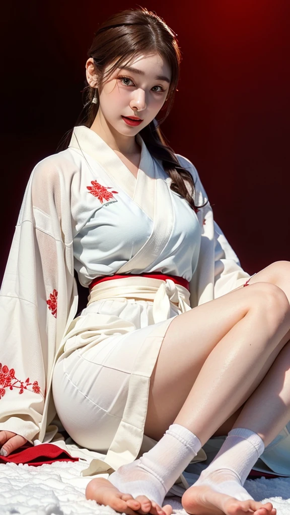 (Snow Woman:1.4),(Snowy Mountain:1.4),(Very Cold:1.3),(Absurd:1.3), (High Resolution:1.3), (Super Detailed:1.3),(One Girl:1.3), (Highly Detailed CG Unity 8k Wallpaper:1.3), (Detailed Skin Texture, Detailed Cloth Texture, Detailed Hair Texture), (Beautiful Detailed Face, Super Model, Pale Skin, Realistic Glistening Skin), (RAW Photo, Best Quality), (Realistic, Photo-Realistic:1.4), Masterpiece,Amazing, Finely Detailed, Highly Detailed CG Unity 8k Wallpaper, Large File Size, Highly Detailed, High Resolution, Absurd, Soft Light, Rim Light, Vivid Details, Short Bob Hair, Pale Hair Color, Big Natural Color Lips, (Perfect Body Type), Beautiful Legs, Breaking (White and Red Theme:1.4), (White Kimono Tops:1.2) , (Red high-waisted maxi skirt: 1.4), (Long sleeves: 1.3), (Kimono collar: 1.2), (White kimono with red outline: 1.2), (White very short ankle socks: 1.2), (Geta can: 1.2),
A little bit crying, a small smile, , 20-year-old girl, cute type, Lolita,