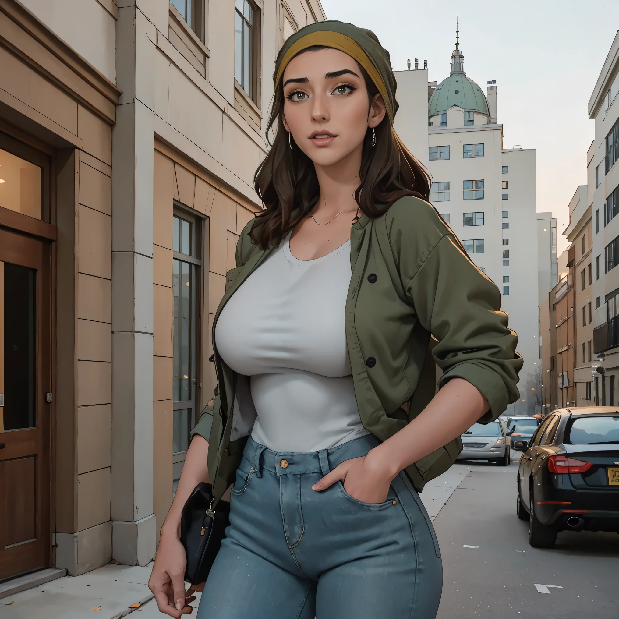 Extremely busty thin and toned brunette photographer, college girl, fair skin, loose side sweep, soft face, athletic, bandana babushka headwrap, tight olive green casual windbreaker, skinny jeans. standing in front of her apartment building, outdoors, city, camera bag, cleavage 