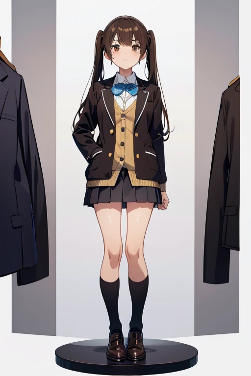 standing, from front, full body shot,one girl, deep brown hair, low twin tails, deep brown eyes, white skin, ager, , Great Joy, high school girl, , jacket/blazer, slim, looking at viewer, white background