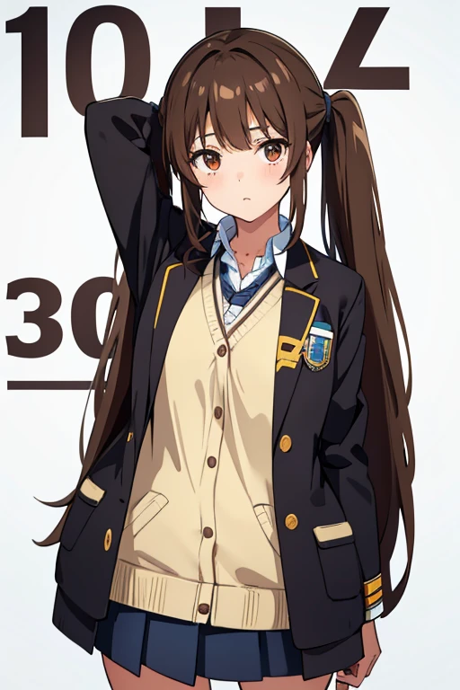 standing, from front, full body shot,one girl, deep brown hair, low twin tails, deep brown eyes, white skin, teenager, , Great Joy, high school girl, , jacket/blazer, slim, looking at viewer, white background