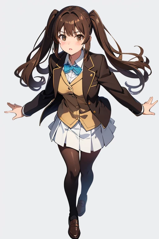 standing, from front, full body shot,one girl, deep brown hair, low twin tails, deep brown eyes, white skin, teenager, , Great Joy, high school girl, , jacket/blazer, slim, looking at viewer, white background