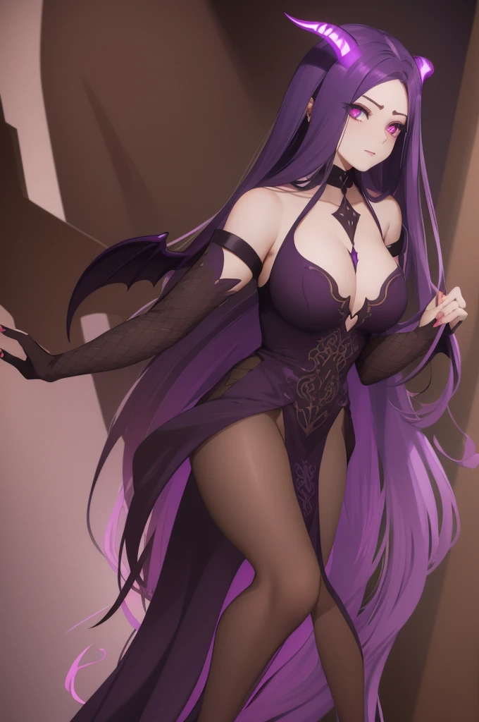 a young adult female succubus, long brown shoulder-length hair, thin horns protruding from forehead, golden eyes, purple skin, purple wings and tail, almond-shaped eyes, wearing a white dress, intricate details, 8k, realistic, cinematic lighting, atmospheric, dark fantasy, vibrant colors