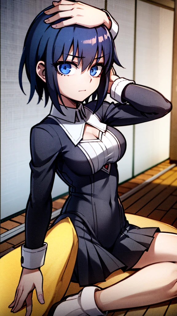 Anime girl with black hair and white skirt., [[green eyes]], yandere. ah high, visual novel sprite, realist , cute anime waifu with a nice dress., !!Full length portrait!!, beautiful anime high school girl, soft anime cg art, made with anime painter studio, wearing skirt, render of a cute 3d anime girl