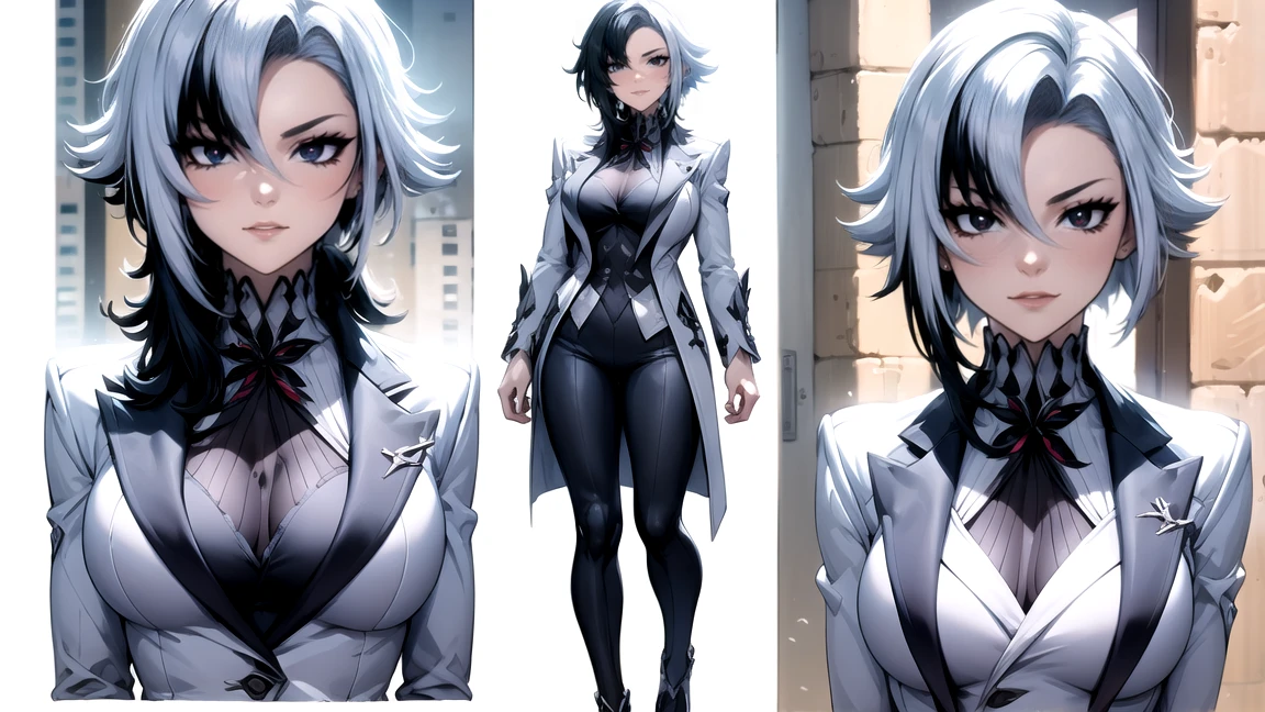 thick outlines, comics, photorealistic, perfect hands, masterpiece:1.2, beautiful figure, full length (full body 1.1), Cathedral, Dark, Gothic, 1 girl, One, White hair, black hair, multicolored hair, X-shaped pupils, black eyes, Arles_suit, , detailed background, Detailed face, detailed eyes, 