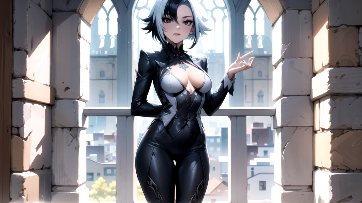 thick outlines, comics, photorealistic, perfect hands, masterpiece:1.2, beautiful figure, full length (full body 1.1), Cathedral, Dark, Gothic, 1 girl, One, White hair, black hair, multicolored hair, X-shaped pupils, black eyes, Arles_suit, , detailed background, Detailed face, detailed eyes, 