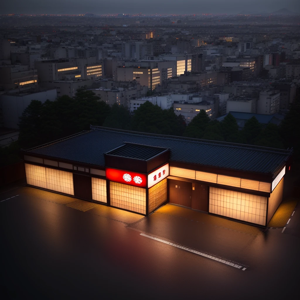 Create a digital image of a Restaurant((Japan style)),((best quality)), real world location,((street )),realistic,(indoor lighting),human, ((intown)),curtain wall, road,glass window, day time,door, center composition,parking,car, sidewalk,3 points perspective,reflection glass panel,billboard with ledlight.morning