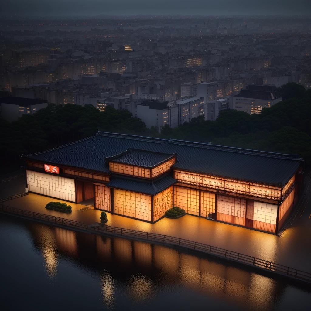 Create a digital image of a Restaurant((Japan style)),((best quality)), real world location,((street )),realistic,(indoor lighting),human, ((intown)),curtain wall, road,glass window, day time,door, center composition,parking,car, sidewalk,3 points perspective,reflection glass panel,billboard with ledlight.morning