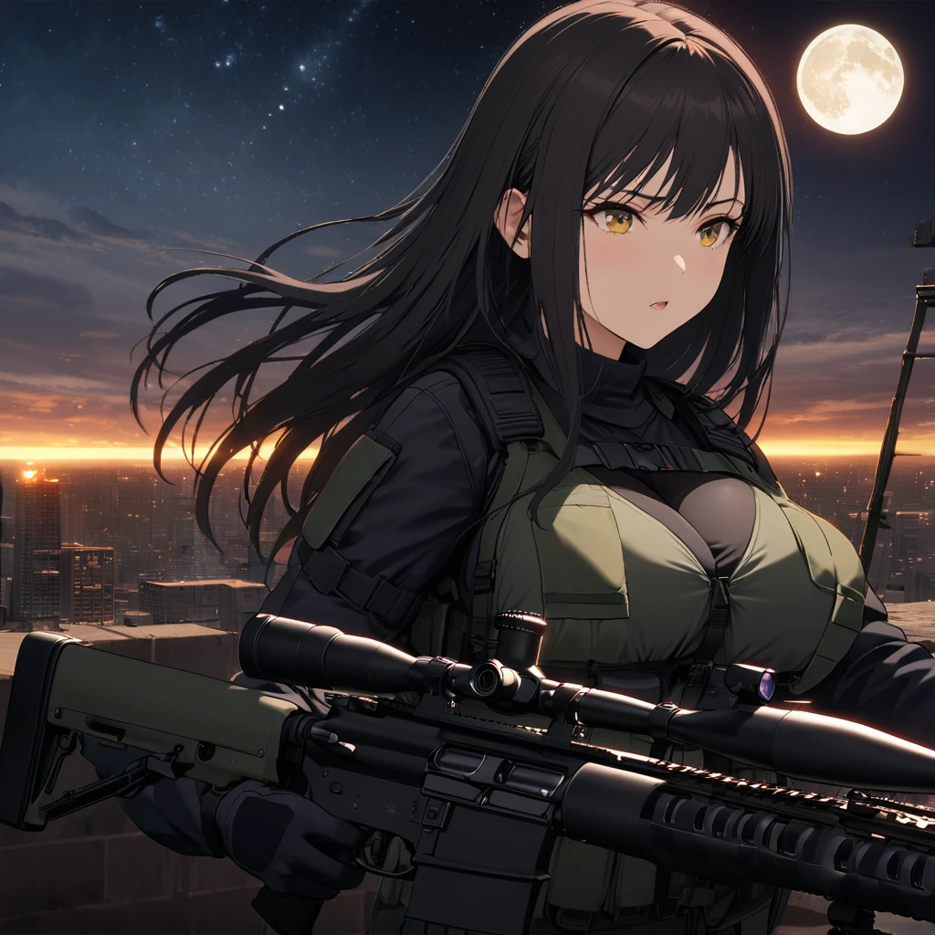 Highest quality, Highest quality, 16K, Unbelievably absurd, Very detailed, delicate and dynamic, Natural light, The particles reflect light, Diffuse reflection of light, Vortex of Light, war zone, bombs blusting around, dark outfield, ruined big city, roof top of ruined building, moon night, milky way, illumination, Create amazing image effects, Upper body close-up, (sole sexy girl, big Firm bust, , powerful, A professional sniper,, shooting a target with M16 auto rifle, swat uniform,)
