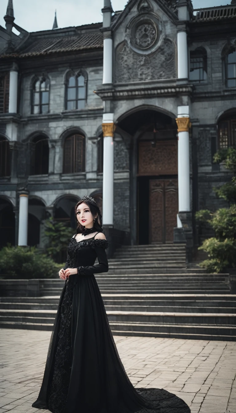 Ms. Alafay, wearing a black dress, stands in front of a building, Elegant gothic princess, Lovely Princess Anqiu, she is the queen of black roses, Wearing a Gothic Dress, Shot with Canon EOA 6 D Mark II, dream、Misty、dark, Shot with Canon EOS R 6, Witch fairy tale, magical dress, Wearing fancy clothes,