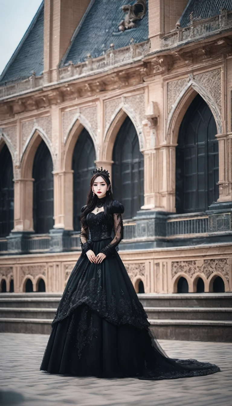 Ms. Alafay, wearing a black dress, stands in front of a building, Elegant gothic princess, Lovely Princess Anqiu, she is the queen of black roses, Wearing a Gothic Dress, Shot with Canon EOA 6 D Mark II, dream、Misty、dark, Shot with Canon EOS R 6, Witch fairy tale, magical dress, Wearing fancy clothes,