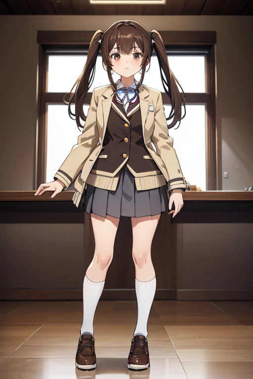 standing, from front, full body shot,one girl, deep brown hair, low twin tails, deep brown eyes, white skin, teenager, , Great Joy, high school girl, , jacket/blazer, slim, looking at viewer, white background