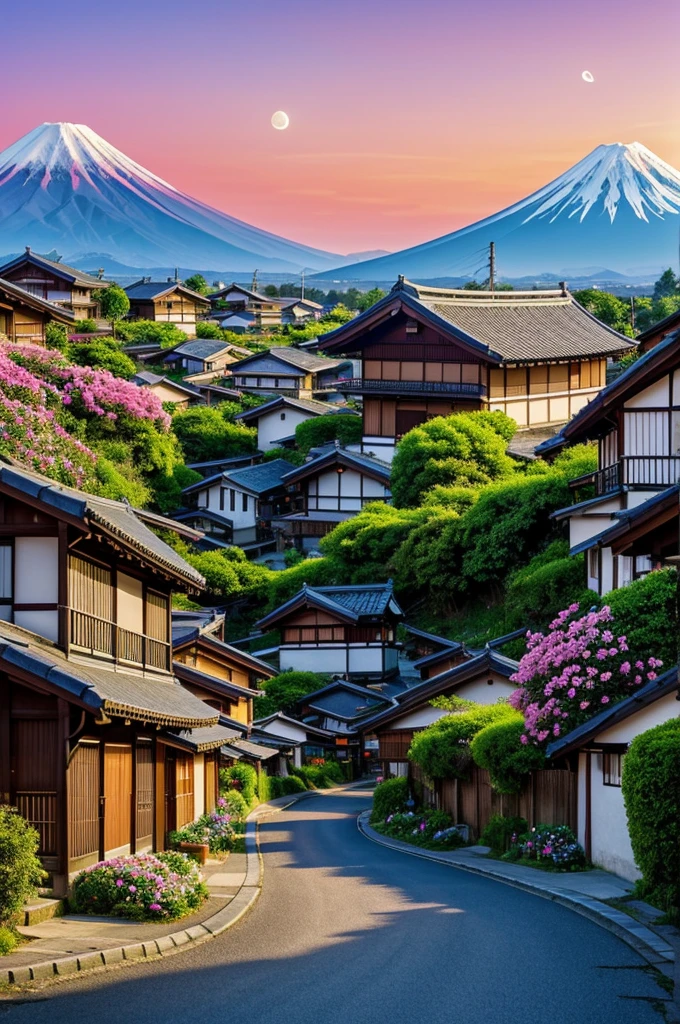 Vibrant, stylized digital painting depicting a serene village scene with a prominent view of a snow-capped mountain in the background, likely inspired by Mount Fuji. The sky is filled with dramatic, colorful clouds in shades of pink, orange, and blue, with a crescent moon visible. The village features traditional Japanese-style houses with sloping roofs, surrounded by lush greenery and blooming flowers. A winding road with a pedestrian crossing and a few cars leads through the village, adding a sense of depth and perspective. The overall composition is rich in color and detail, creating a picturesque and tranquil atmosphere.