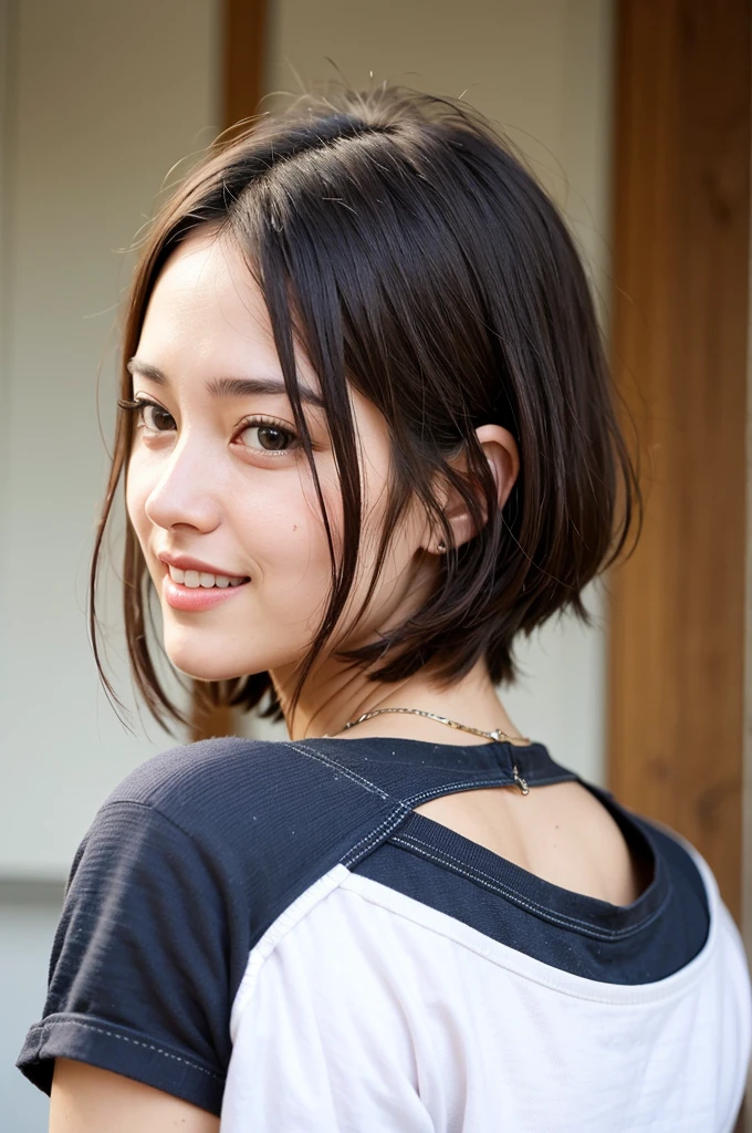 Top quality, 1 beautiful woman, super short Hair, shy Smile, wearing t-shirt, back pose