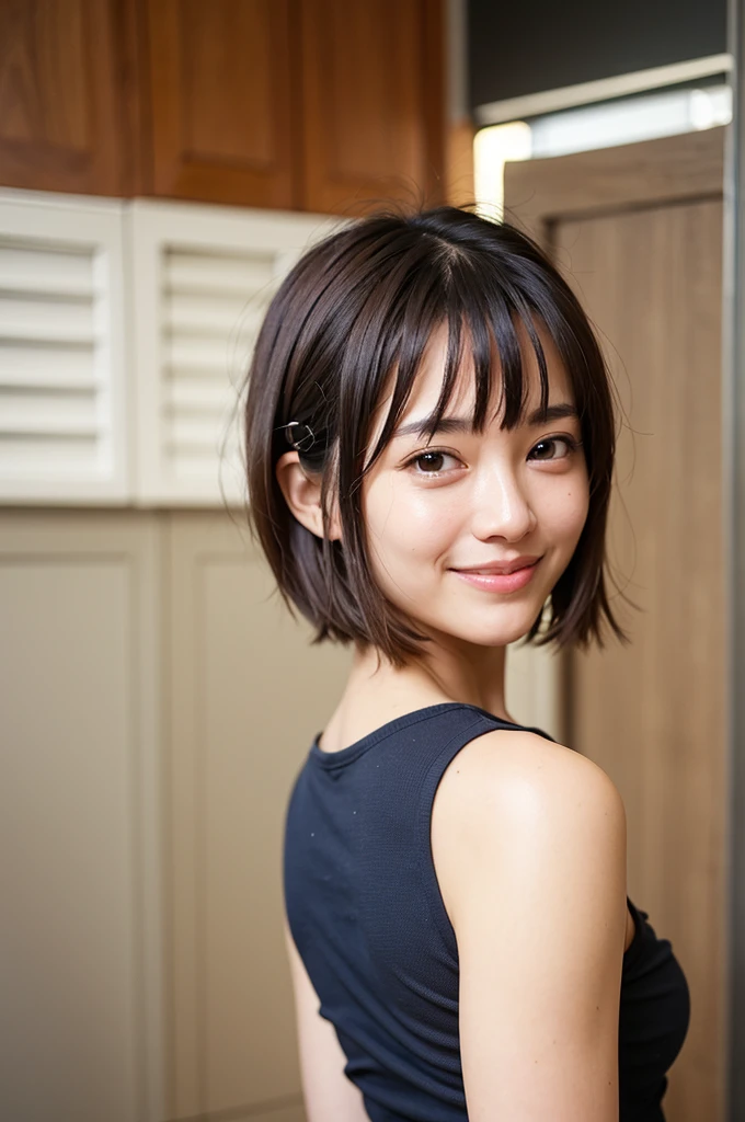 Top quality, 1 beautiful woman, super short Hair, shy Smile, wearing t-shirt, back pose