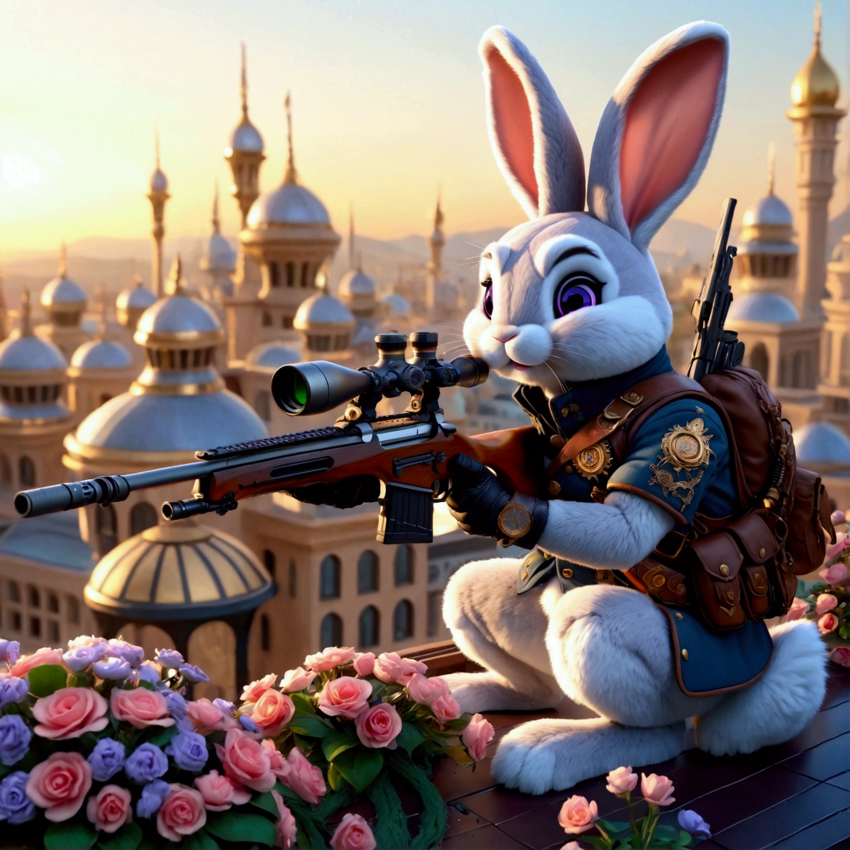 (Close-up of anthropomorphic bunny sitting on edge of roof and aiming with elite sniper rifle:1.3), (rifle has ornate golden handle:1.1), (stylish high-neck military jacket:1.1), white-pink clothes, (leather gloves, cool glasses:1.1), (pants with pockets:1.2), (background is futuristic crystal towers:1.1), (beautiful romantic cloudy twilight:1.2), (futuristic architecture with intricate otherworldly design:1.2), bright colors, masterpiece in maximum 16K resolution, best quality, ultra detailed, aesthetics, absurdes.
