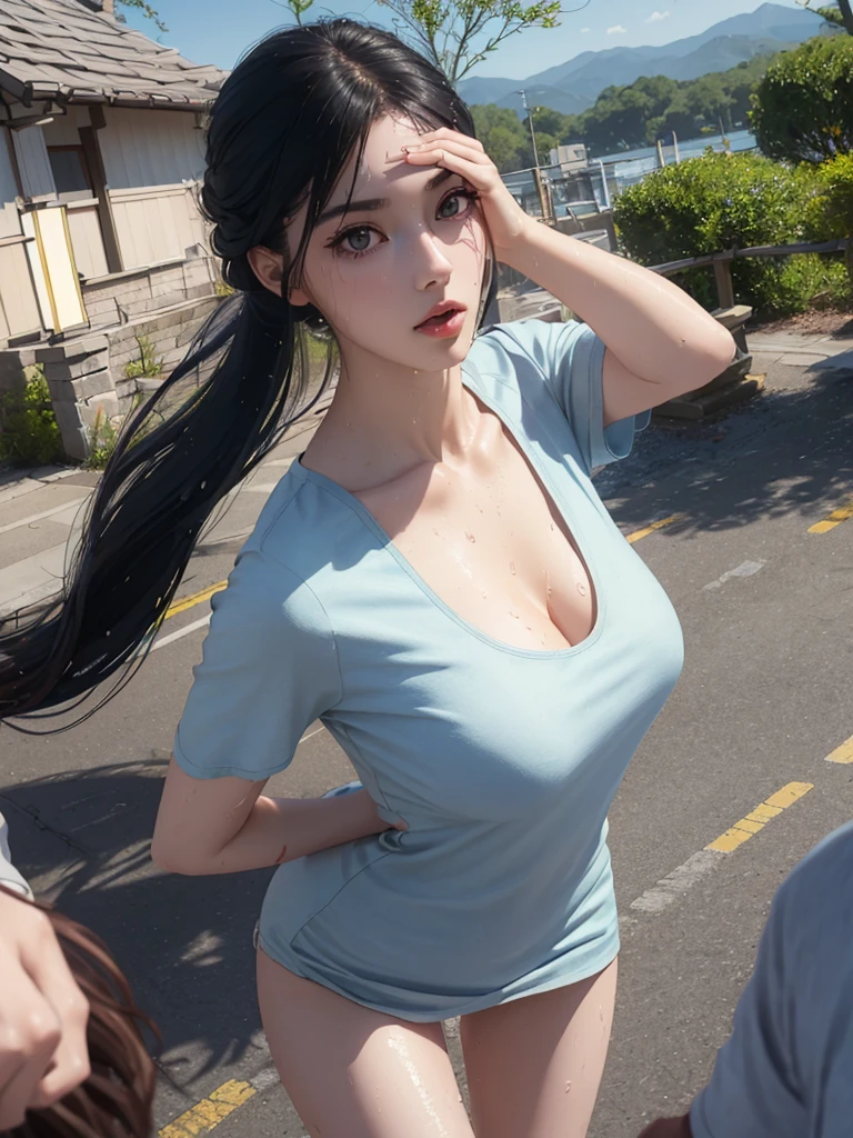 (Best quality, 8k, Masterpiece :1.3), (realistic, photorealistic: 1.37), (1girl), (slim), (Japanese), (random pose), (wet body), (long hair, random hairstyle), (outdoors), (Ultra-detailed face), (Detailed eyes), (Double eyelids), (eyeshadow intensifying), (many eyelashes), (professional lighting), (photon mapping), (radiosity), (looking directly at viewer), (full bodyesbian), (legs are open), (With a cropped T-shirt), (Slim figure), (Slim girl model), (25 years old female model), (gigantic cleavage breasts) (No bra, No top, Bare chest),