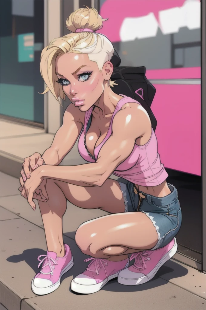 Blonde girl, with short hair, wearing a pink and white tank top, with cleavage, shiny and defined breasts, wearing short denim shorts, with the zipper open, squatting, hot girl, wearing pink sneakers