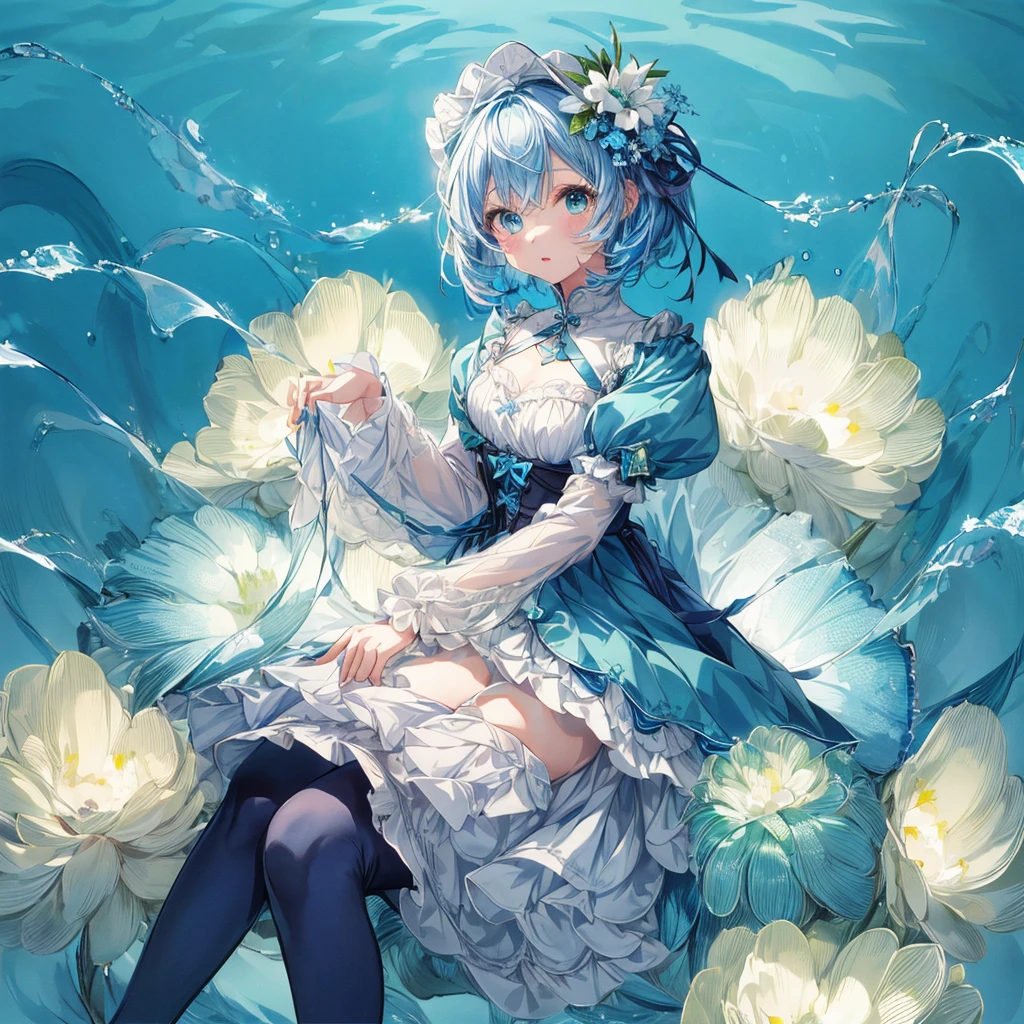 1girl、A picture facing the viewer、(((Super detailed、Highest quality、Masterpiece)))、Original cute hairstyle、Milky white and blue hair color、Simple Green Background、