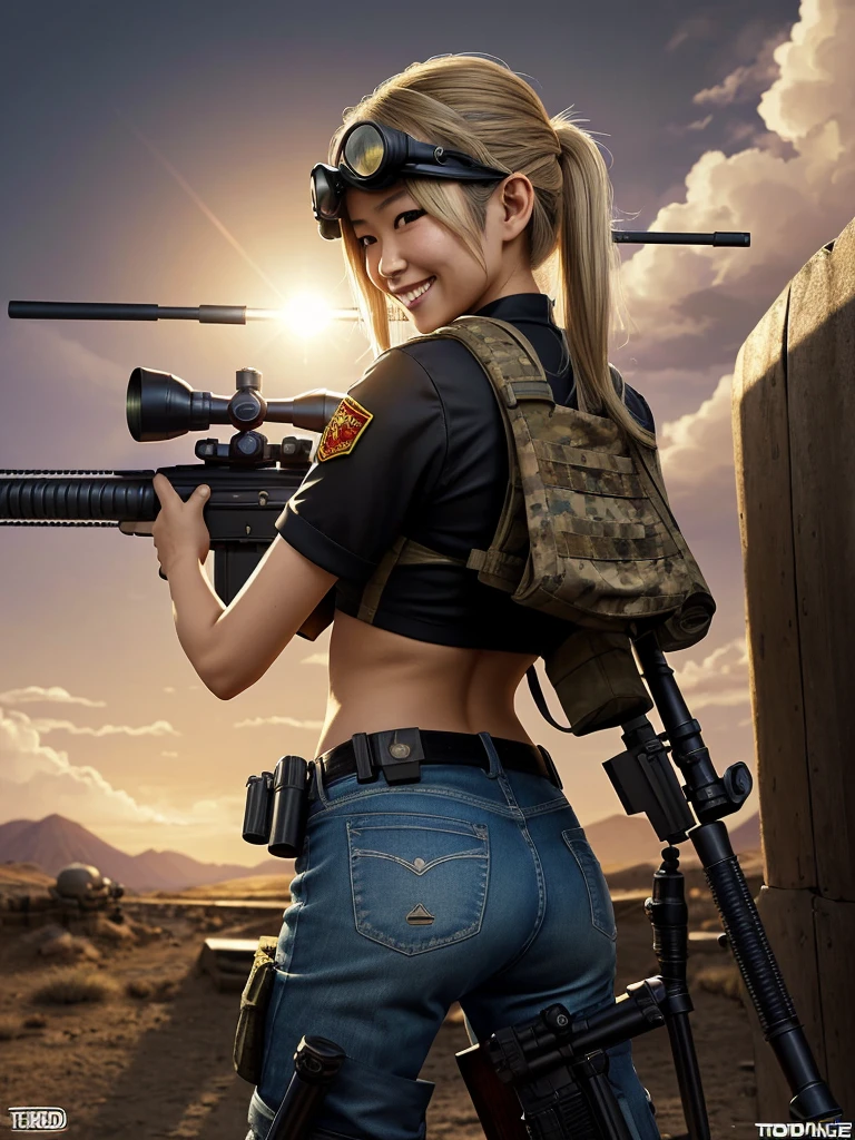 1 japanese girl, blonde hair, perfect figure, rebel, half shot, from behind, arched back pose, sexy, (wide smile:1.3), (sniper rifle:1.4), looking through the scope, army helmet with goggles, ink illustration, western animation style by (Todd McFarlane:1.3), hard lines, add (fine detail:1.3) to the scene, pay attention to the (framing:1.2), create (rich:1.3) in detail atmospheric background to compliment the overall theme of the composition and bring it to life, to create an (epic:1.2) (masterpiece:1.4), (vibrant colors:1.4), perfect the (highlights:1.2) and (shadows:1.2), (digital ink:1.3), pay special attention to the hands, ensuring they are drawn accurately and with realistic proportions,