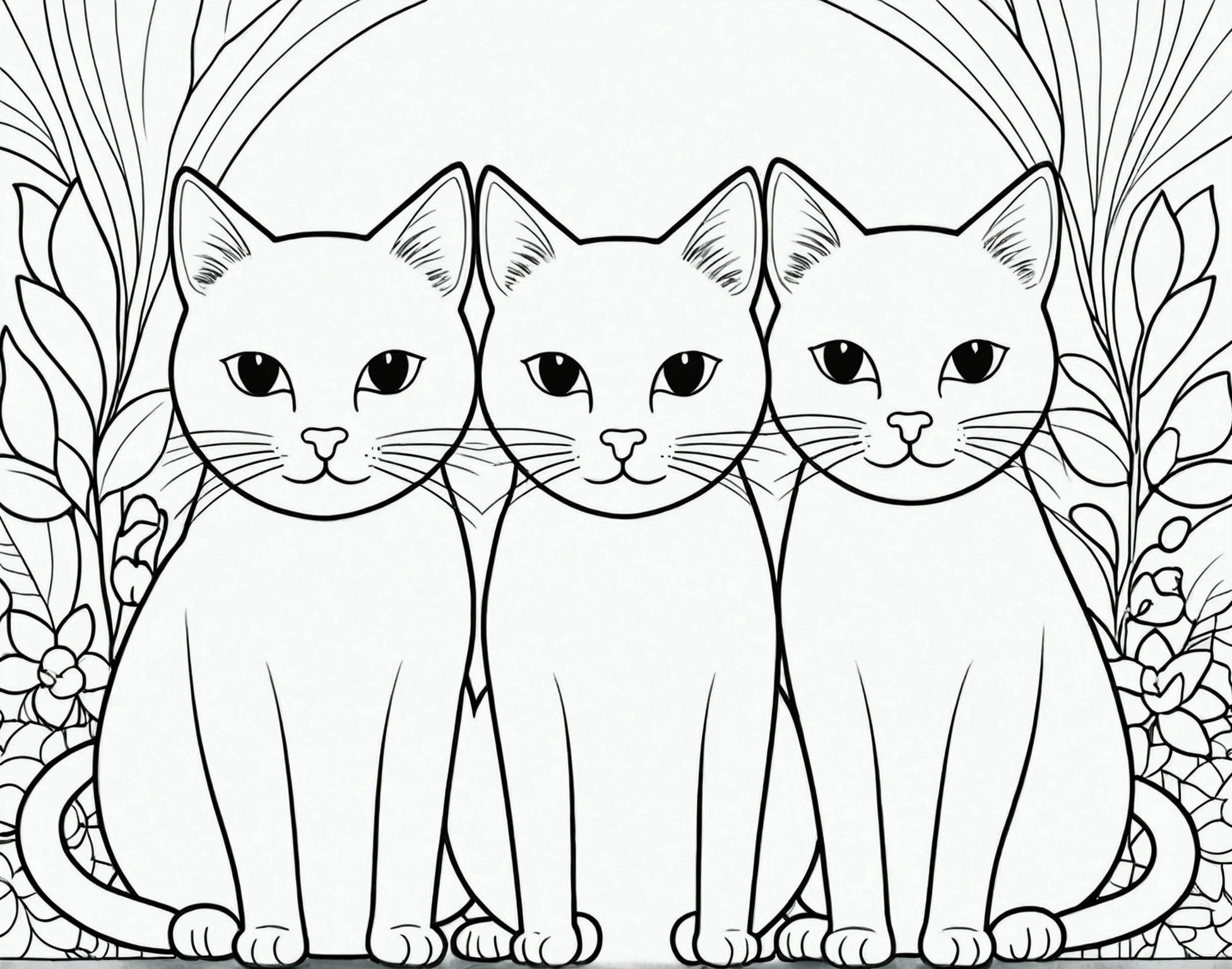 A printable black and white coloring page featuring cats, clean very simple line art, The line is quite simplified.