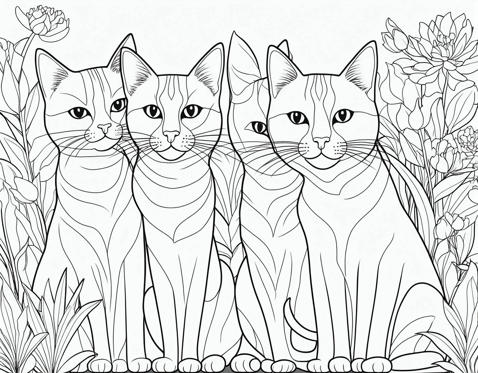 A printable black and white coloring page featuring cats, clean very simple line art, The line is quite simplified.