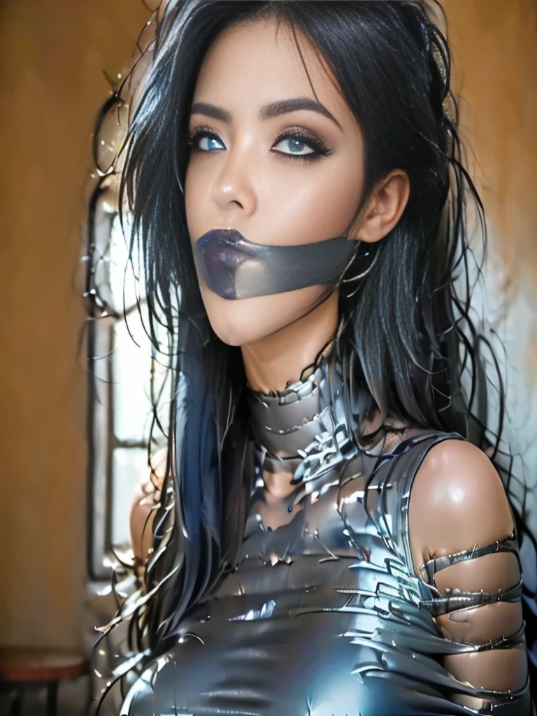 Full body photo, ​masterpiece　bionde　Long hair　Wrapped with silver tape　Mouth covered with silver tape　Dark torture chamber　