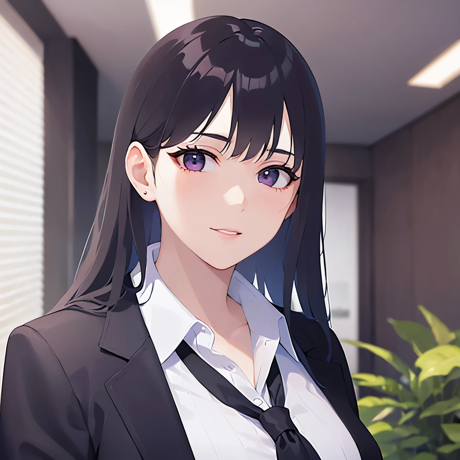Biologically correct five fingers, Upper Body, Realistic, real person, (pale skin: 1.2), RAW photo, photorealistic, shiny skin, shiny hair、(A 25-year-old woman with straight hair and bangs) and (medium hair) and (black hair) and (purple eyes) , (business suit:1.5) and (white collared shirt)、smile, The background is the conference room、Alone、Are standing
