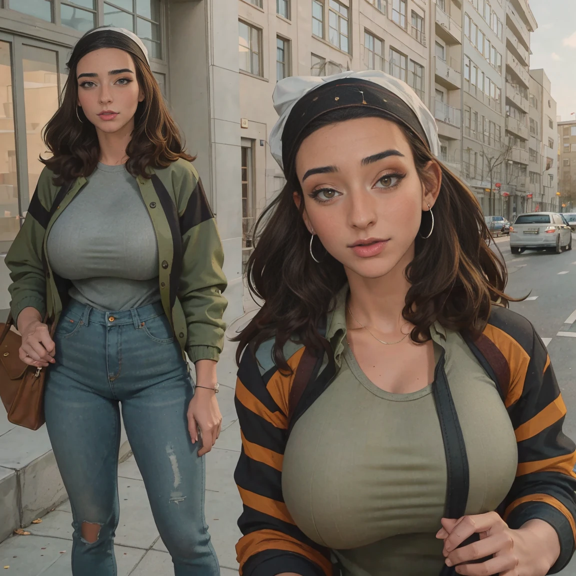 Extremely busty thin and toned brunette photographer, college girl, fair skin, loose side sweep, soft face, athletic, bandana babushka headwrap, tight olive green casual windbreaker, skinny jeans. standing in front of her apartment building, outdoors, city, camera bag, cleavage