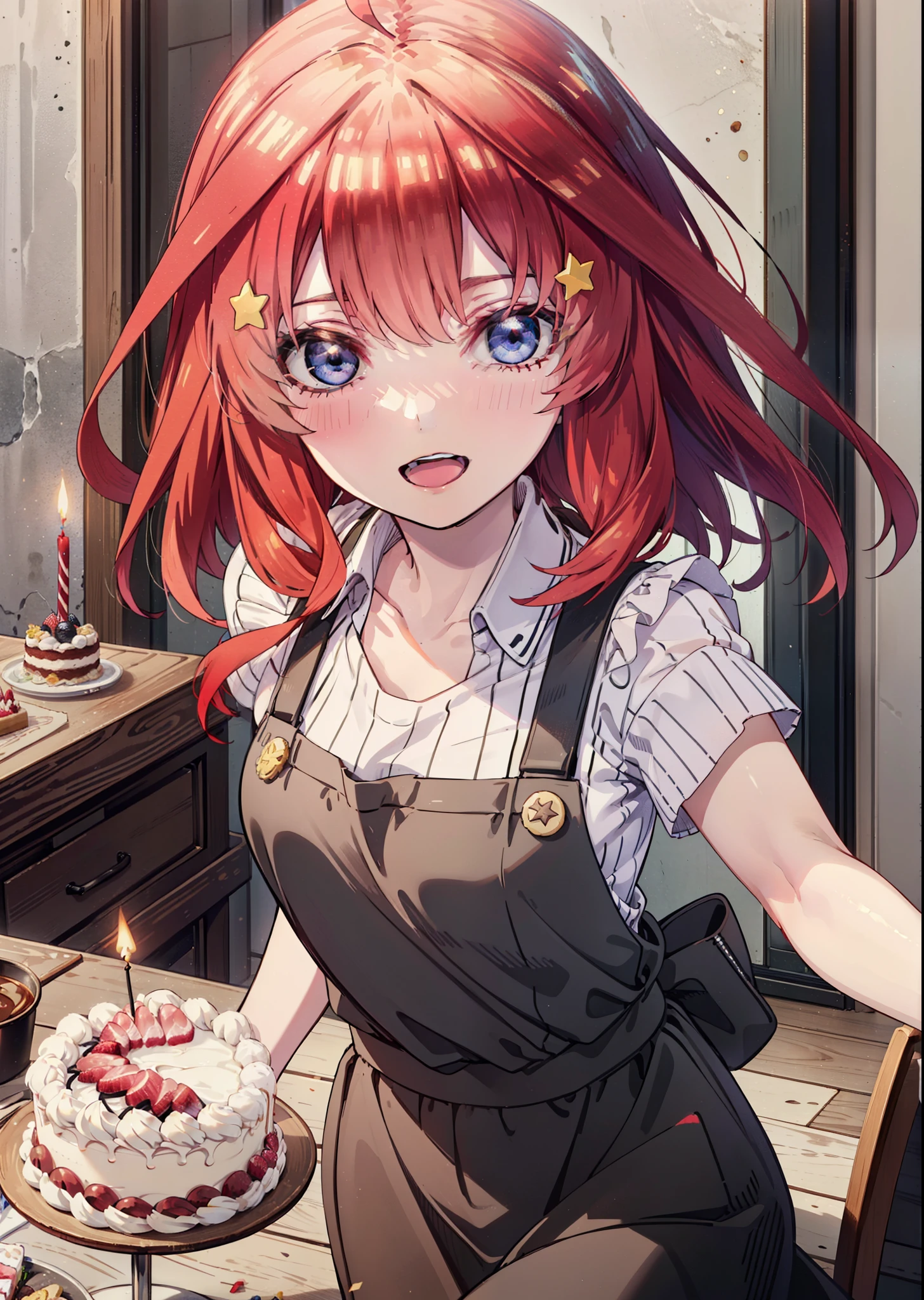 itsukinakano, Itsuki Nakano, bangs, blue eyes, Hair between the eyes, Ahoge, Redhead, star \(symbol\), hair ornaments,happy smile, smile, Open your mouth,cracker, star hair ornaments,Red Tank Top,Long skirt,Black pantyhose,apron,Walking,There is food and a birthday cake on the table,whole bodyがイラストに入るように,
break indoors, room,
break looking at viewer,whole body,
break (masterpiece:1.2), Highest quality, High resolution, unity 8k wallpaper, (figure:0.8), (Beautiful attention to detail:1.6), Highly detailed face, Perfect lighting, Highly detailed CG, (Perfect hands, Perfect Anatomy),