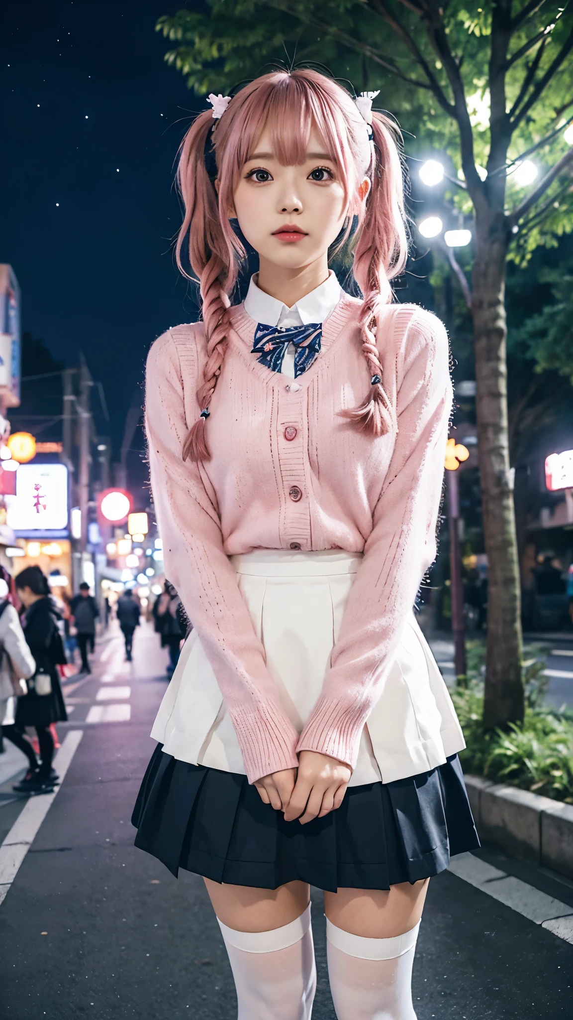 KokoaAisu, 1girl, blue skirt, blurry, blurry background, blurry foreground, day, depth of field, photo background, thighhighs, town, tree, zettai ryouiki, short twintails, pink hair, tokyo \(city\), japan, shop, night, night sky,
masterpiece, best quality, digital art, intricate detail,