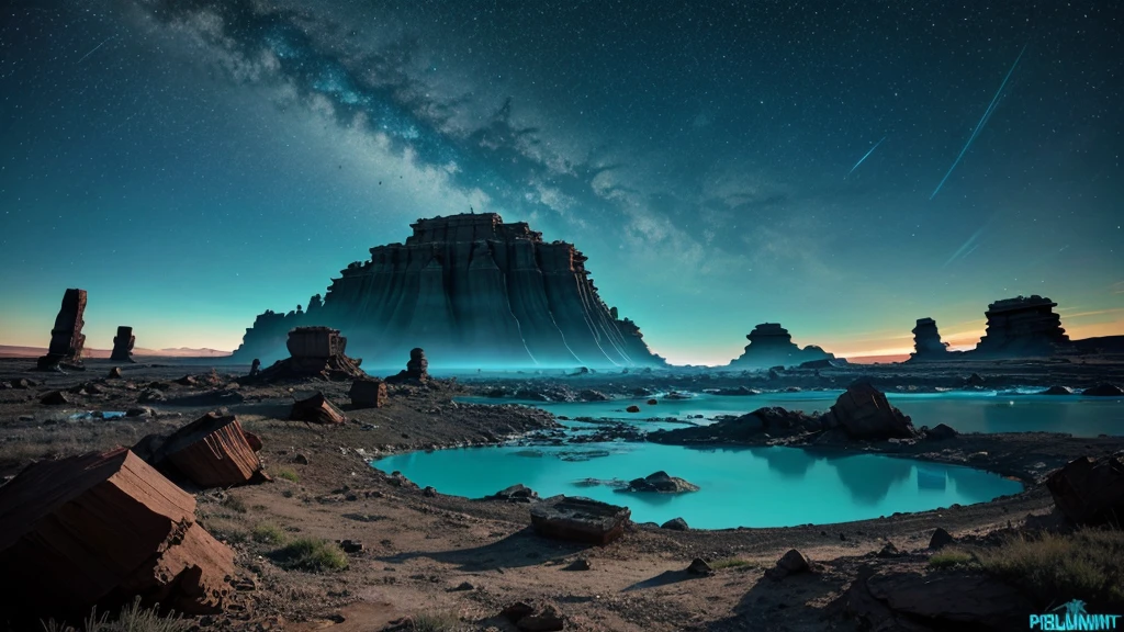 The ruins of an alien civilization, Ancient petrified forests frozen in time in the background, bioluminiscent, TshirtDesignAF, inkpunk style