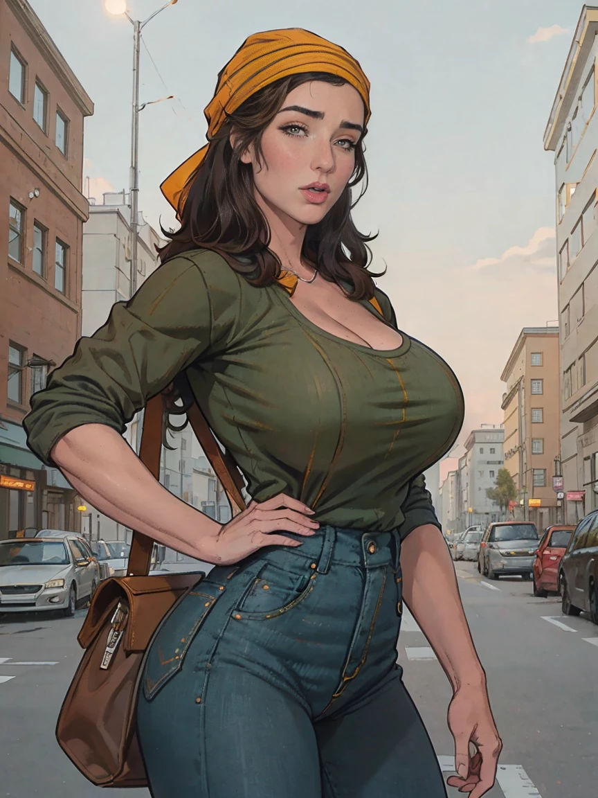 Extremely busty thin and toned brunette photographer, college girl, fair skin, loose side sweep, soft face, athletic, bandana babushka headwrap, tight olive green casual windbreaker, skinny jeans. standing in front of her apartment building, outdoors, city, camera bag, cleavage 
