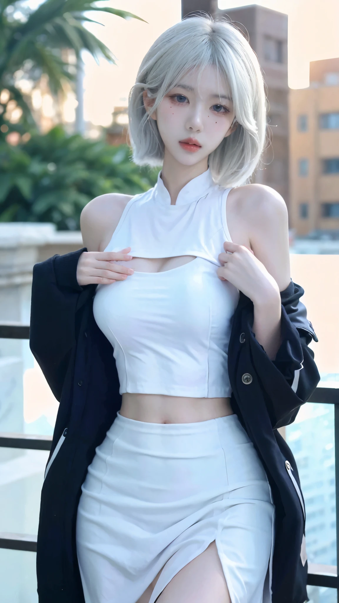 Beautiful woman with perfect figure:1.4,snow,snow背景,Layered Hairstyle,White skin,Prominent cleavage,Pleated Skirt,whole body,Very delicate face and skin texture,Double eyelids,Skin Whitening,Long white hair