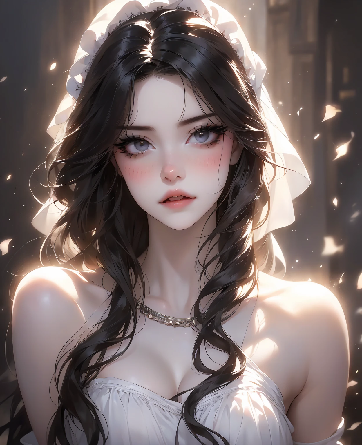 a beautiful young woman with long flowing black hair, porcelain white skin, and dark, captivating eyes, her facial features delicate and doll-like, her expression one of concern, medieval-inspired maid dress, highly detailed, hyper realistic, 8k, masterpiece, cinematic lighting, dramatic shadows, jewel-toned colors, elegant, ethereal