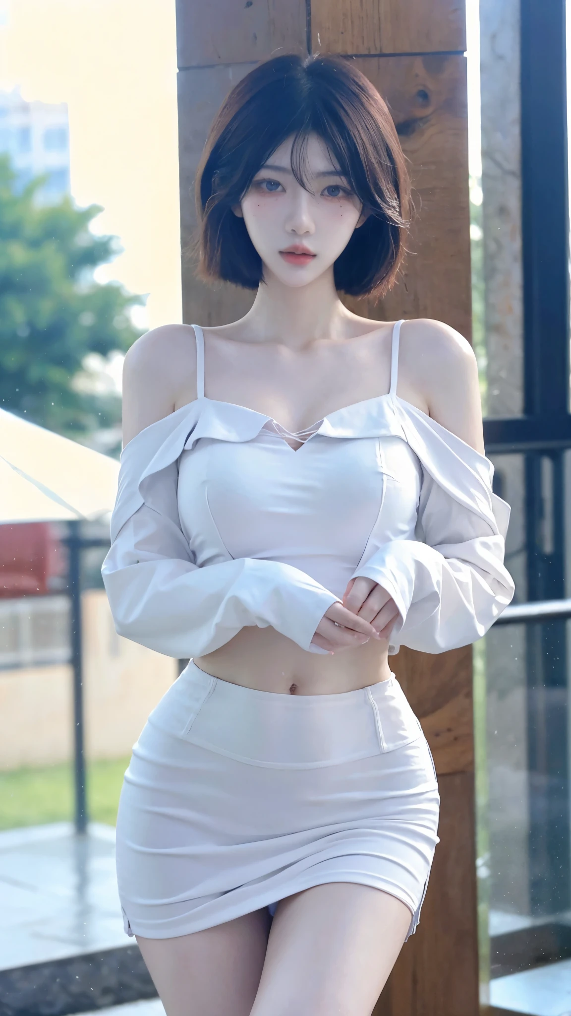 Beautiful woman with perfect figure:1.4，snow，snow背景，Layered Hairstyle，White skin，Prominent cleavage，Pleated Skirt，whole body，Very delicate face and skin texture，Double eyelids，Skin Whitening，Long white hair