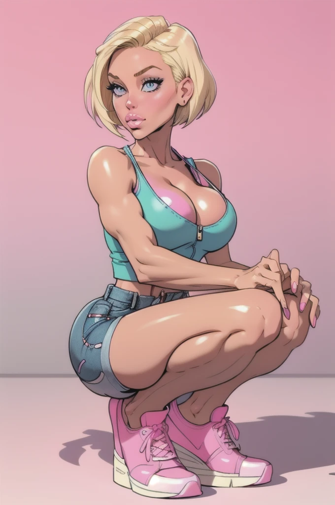 Blonde girl, with short hair, wearing a pink and white tank top, with cleavage, shiny and defined breasts, wearing short denim shorts, with the zipper open, squatting, hot girl, wearing pink sneakers