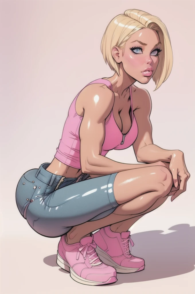 Blonde girl, with short hair, wearing a pink and white tank top, with cleavage, shiny and defined breasts, wearing short denim shorts, with the zipper open, squatting, hot girl, wearing pink sneakers
