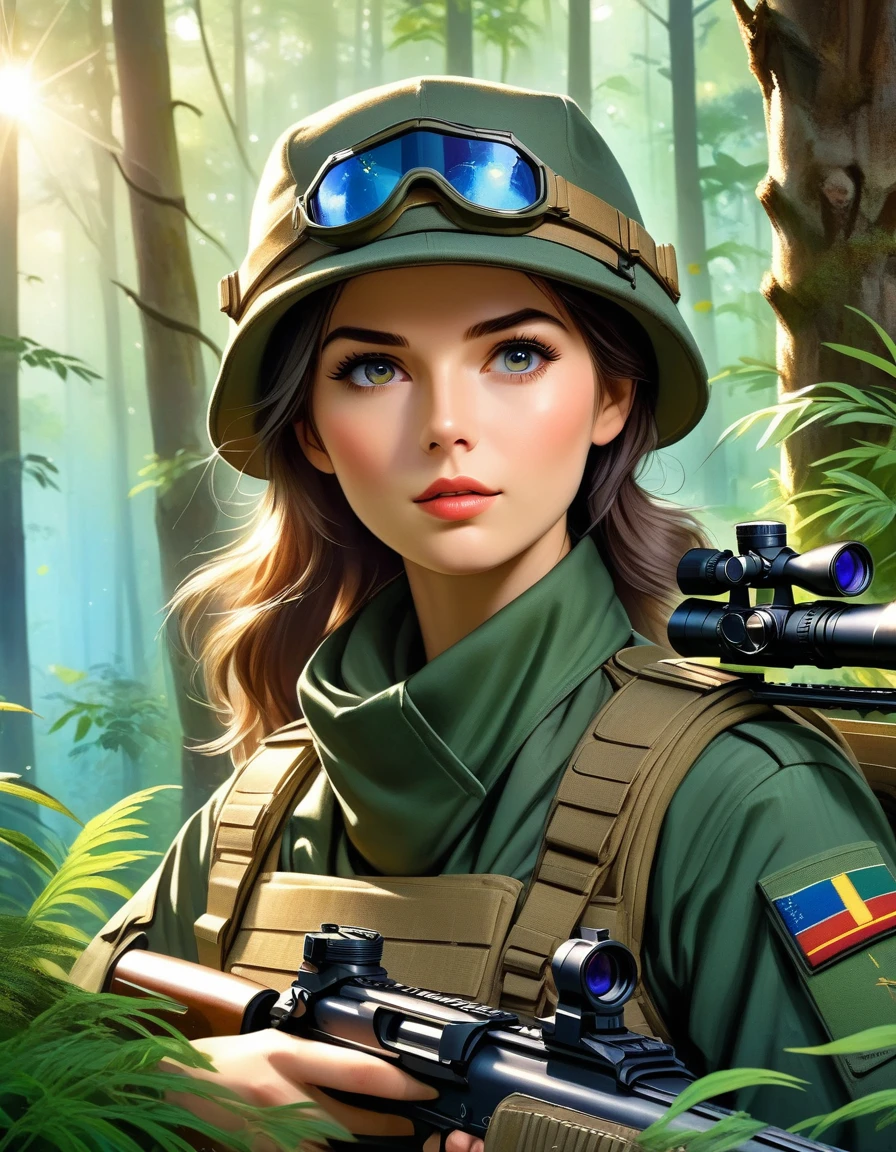 A female sniper,Octetopter, Intricate details, Highly detailed military uniform, Delicate face, beautiful eyes, Long eyelashes, Determine the expression, Holding, In a forest environment, Sunlight through the trees, light, Vibrant colors, Drama, masterpiece,Aim the camera