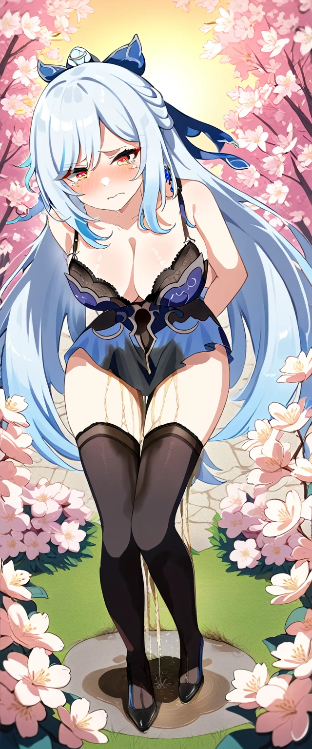 (masterpiece:1.37), best quality, (extremely detailed:1.37), (1girl:1.5), woman, (mature:1.5), (adult:1.5), jingliu, white hair, long hair, ponytail, hair ribbon, red eyes, earrings, jewelry, bodystocking, bra, (extremely detailed eyes:1.37), (wetting self:2.0), desperation, (standing:1.5), embarrassed, humiliation, blushing, angry, cherry blossoms, garden, (golden hour:1.5), full body, (crossing legs:1.5), from above