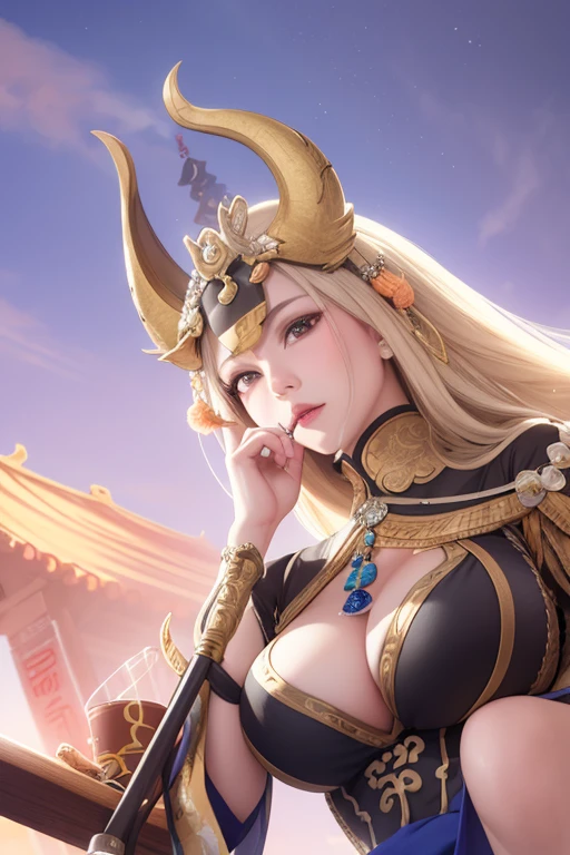 upper body, oil painting, masterpiece, best quality, highres, long brown hair, jewelry hairpin, large breast,riverside and rock or temple or bridge, extremely clothes, sitting, (song Dynasty, song clothing:1.2), 