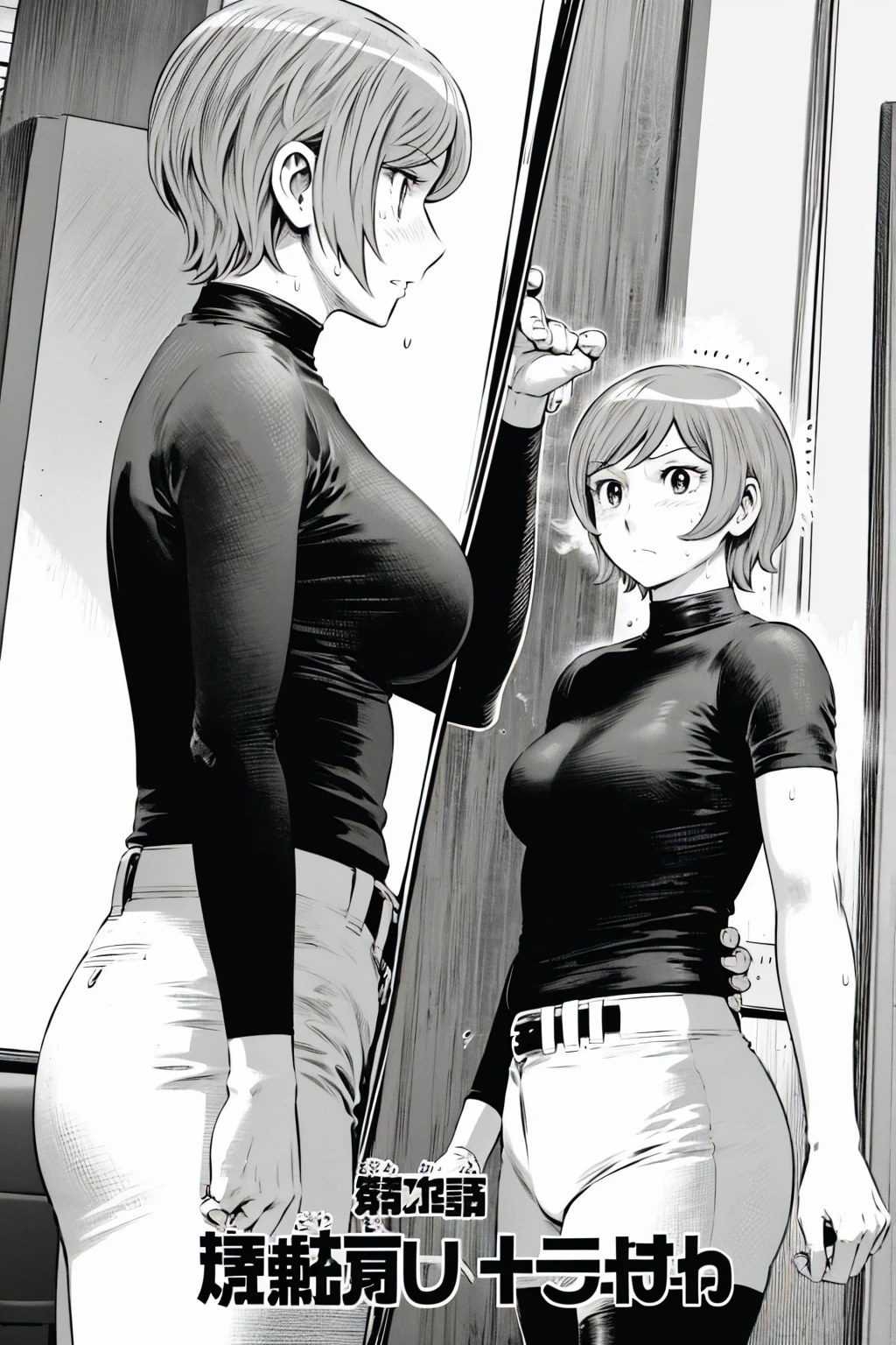 、(masterpiece、Highest quality)、Highest quality, Ultra-high resolution, (((masterpiece))), alone, Sweat、Big eyes,Tight black shirt、Tight white pants、belt、indoor、Composition from the front、（Cut the back hair short、short hair、blonde、woman）、Shortcuts、Embarrassed face、Cut your hair short、可愛いwomanの子、Big Breasts、office