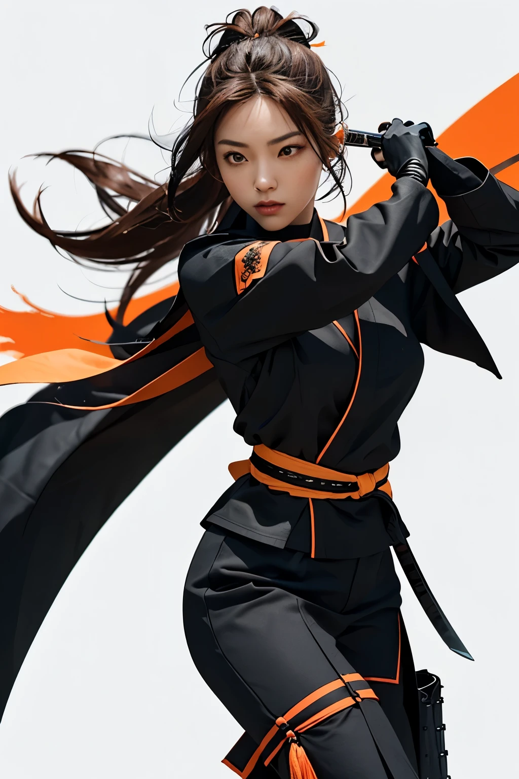 A masterful graphic artist has meticulously crafted an awe-inspiring logo for Girl Ninja, a renowned martial arts academy. The vibrant color scheme consists of fiery orange, sleek black, and radiant yellow. At the heart of the design lies a captivating silhouette of a feminine ninja, poised with a sharp samurai sword, exuding a sense of readiness and action. This masterpiece of vector artistry highlights intricate details, such as rugged textures and dynamic elements, which all contribute to an engrossing and proficient creation. The logo, set against a pristine white background, encapsulates Girl Ninja's core