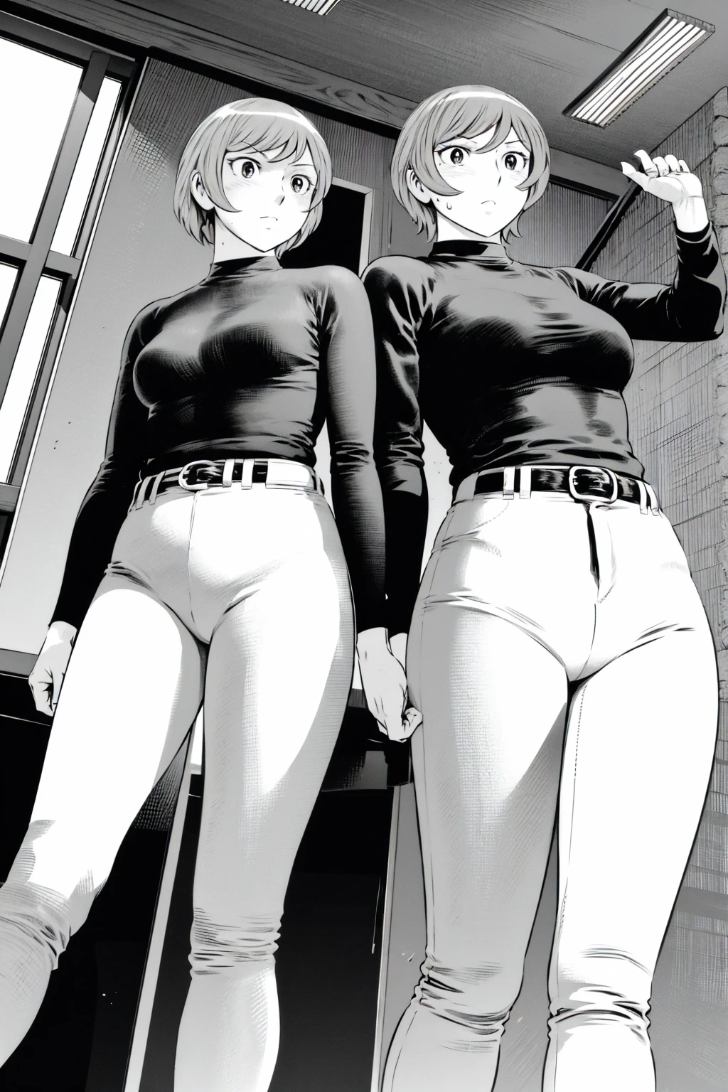 、(masterpiece、Highest quality)、Highest quality, Ultra-high resolution, (((masterpiece))), alone, Sweat、Big eyes,Tight black shirt、Tight white pants、belt、indoor、Composition from the front、(Cut the back hair short、short hair、blonde、woman)、Shortcuts、Embarrassed face、Cut your hair short、可愛いwomanの子、Big Breasts、office
