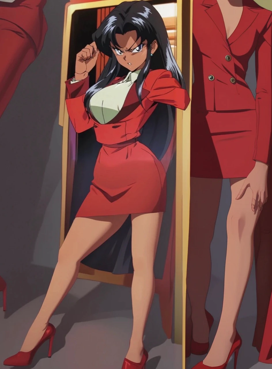 90s anime Evil black skinned business woman in a red suit and red skirt and red heels and long red sleeves