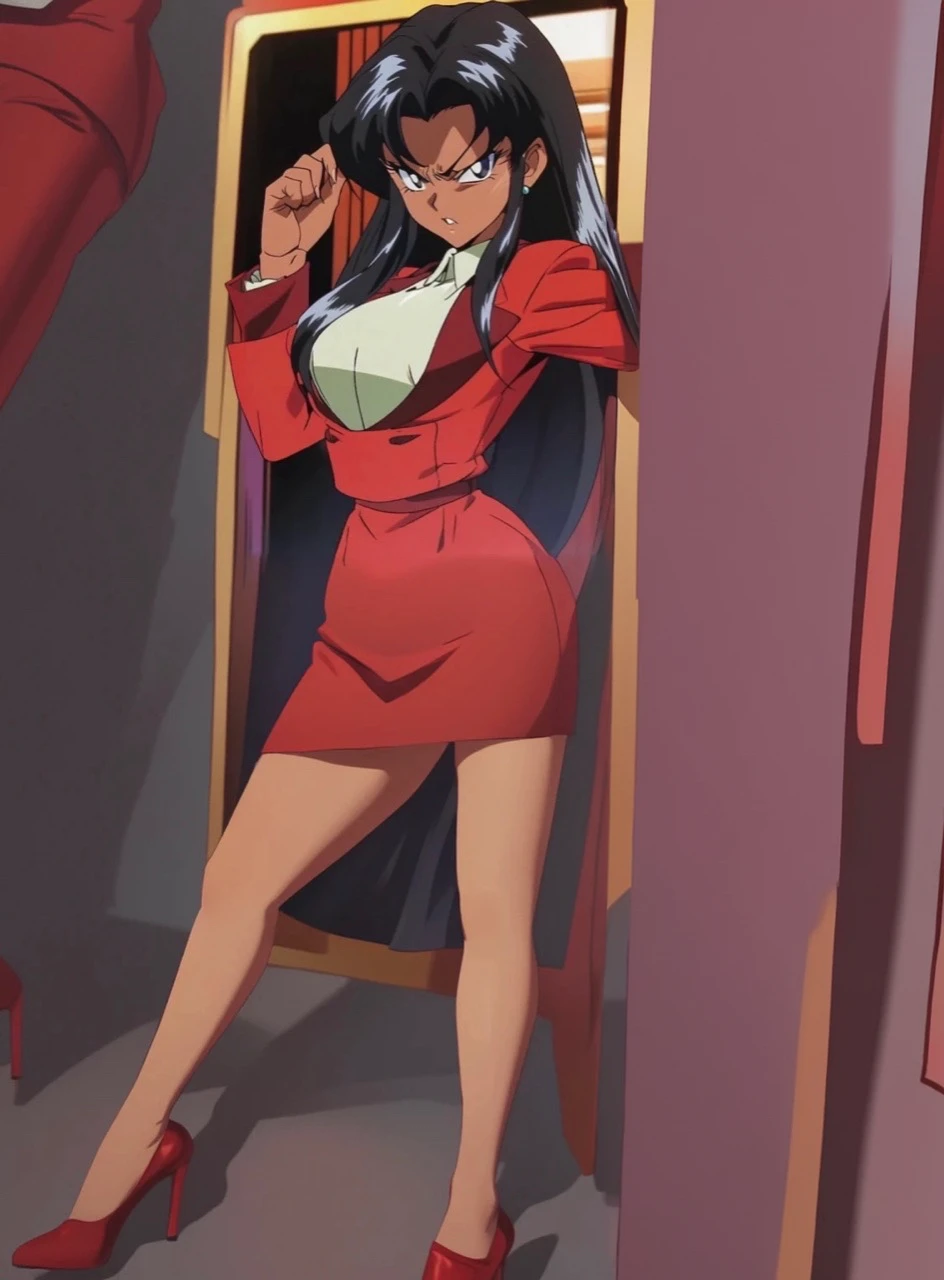 90s anime Evil black skinned business woman in a red suit and red skirt and red heels and long red sleeves
