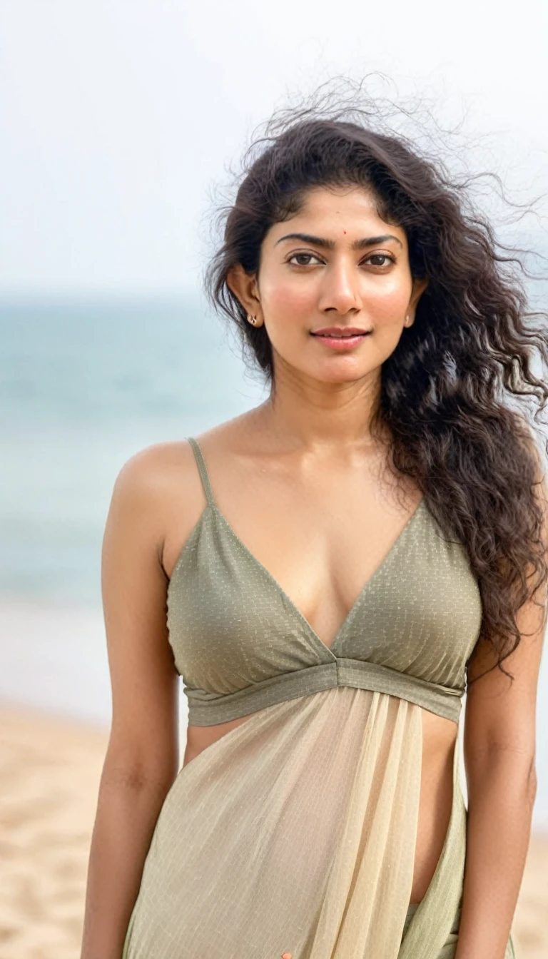 ultrarealistic hires full body photo of a 30-year-old sai pallavi woman, sunny beach, realistic skin texture, looking looking at camera, beautiful beach background, short spiky hairstyles, eyeglasses, micro bikini,juicy lips, perfect eyes, deep cleavage, sexy navel, thighs, pierced belly button, erotic pose