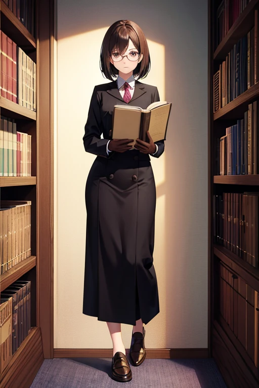 Anime Art、Full body portrait、In the dark library、A woman around 32 years old, about 160cm tall, wearing a black academic gown, standing upright and holding a book、Glasses、Troubled face、Short medium length hair that reaches the shoulders、Brown Hair、Dark Eyes、gloves、loafers