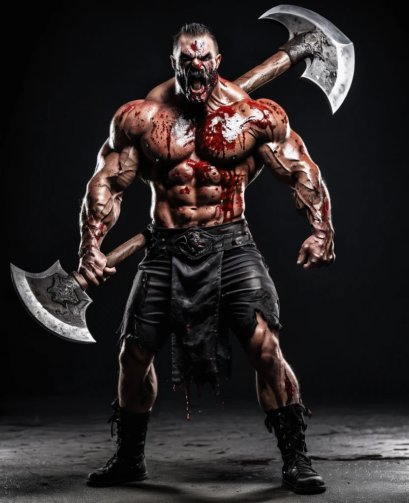 Zombie muscle strong body, villain, grip axe full size, blood in mouth, full body, full body view, sharp axe up,