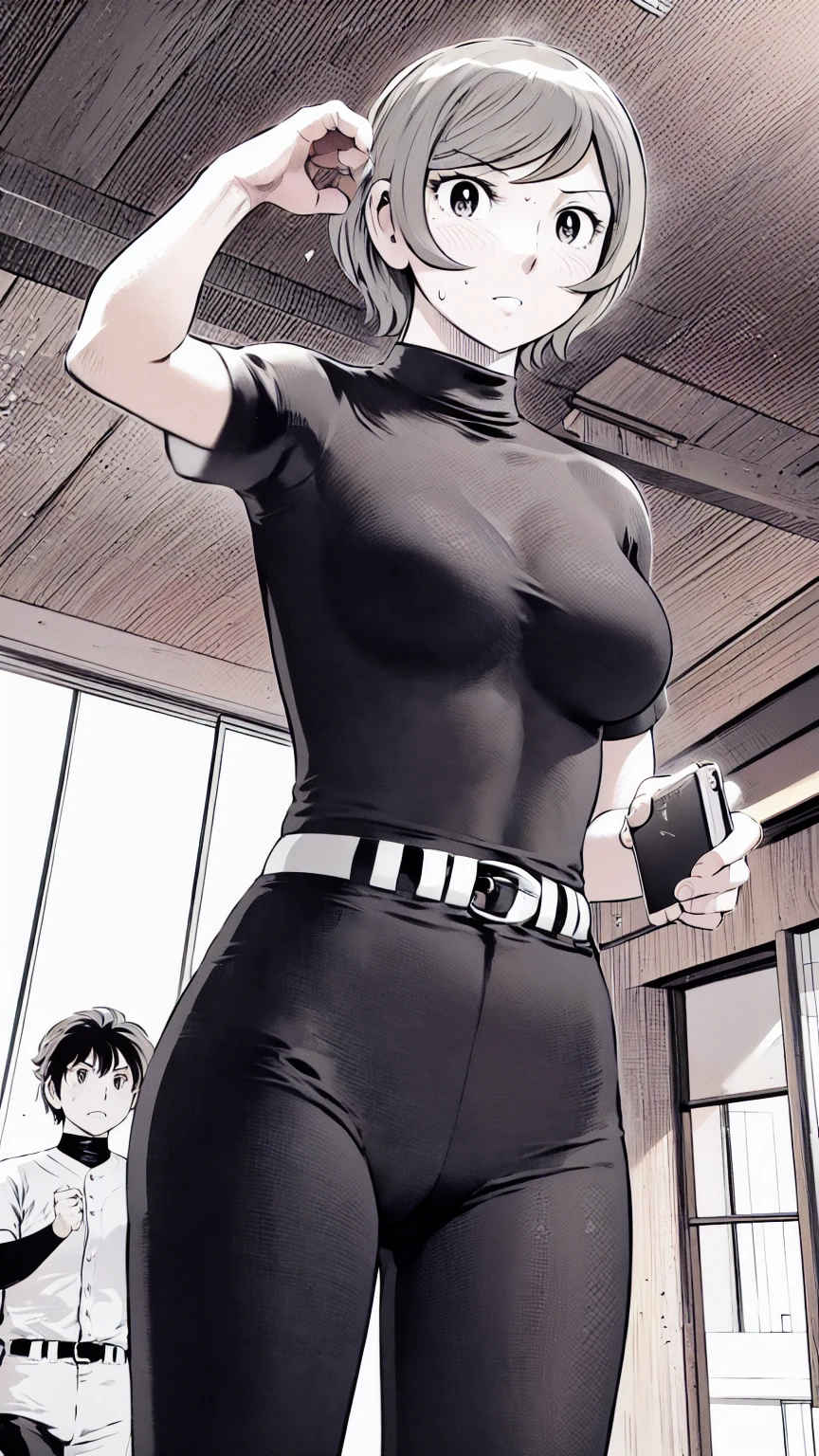 、(masterpiece、Highest quality)、Highest quality, Ultra-high resolution, (((masterpiece))), alone, Sweat、Big eyes,Tight black shirt、Tight white pants、belt、indoor、Composition from the front、（Cut the back hair short、short hair、blonde、woman）、Shortcuts、Embarrassed face、Cut your hair short、可愛いwomanの子、Big Breasts、Inside the room、Full Color、Baseball uniform