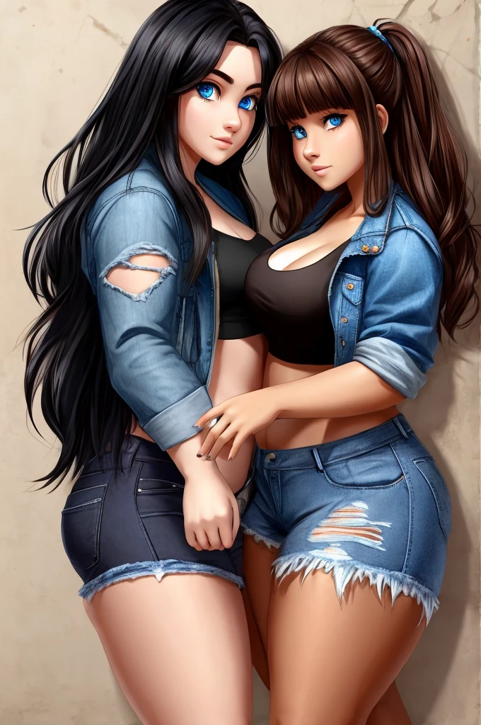Long black hair blue eyes and her hand ripped jean jacket and a ripped jeans with a girl holding her hands hazel eyes brown hair X plus size with a crop top and pair of shorts